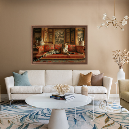 Living room with a white sofa, coffee table, and decorative elements.