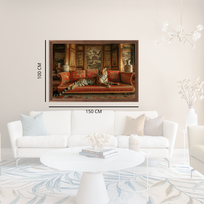 Living room with a large TV displaying an image of a tiger on a couch, with measurements indicated.