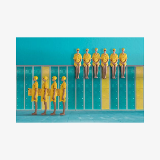 Figures in yellow outfits by a pool with a blue background