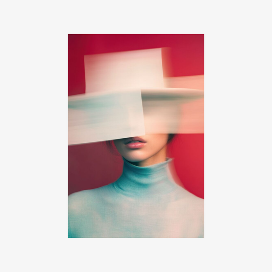 Abstract art piece with geometric shapes in red, white, and blue on a white background