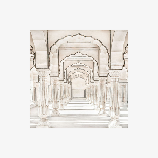 Architectural interior with multiple arches and columns on a white background